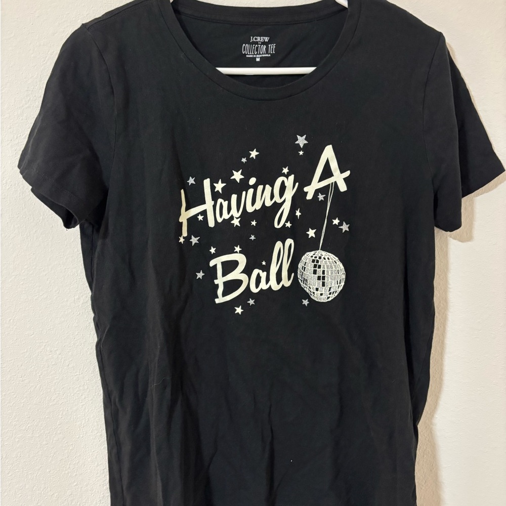 J.Crew Cotton Collector Tee Black "Having A Ball" Disco Glitter Stars - Small